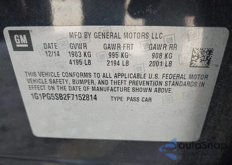 2015 Chevrolet Cruze Ltz из США, поврежденный, VIN 1G1PG5SB2F7152814